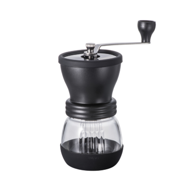 Moinho da Hario preto com recipiente em vidro transparente.