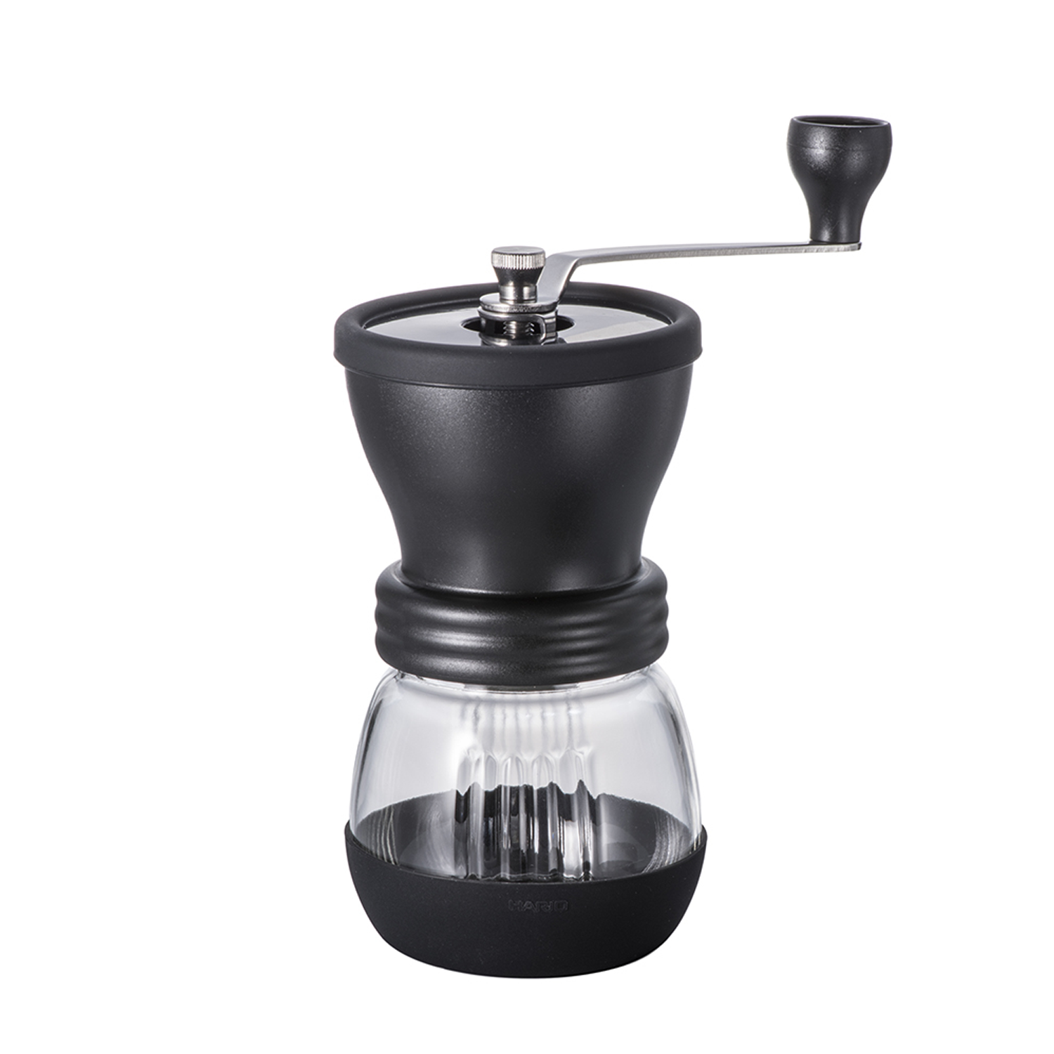 Moinho da Hario preto com recipiente em vidro transparente.