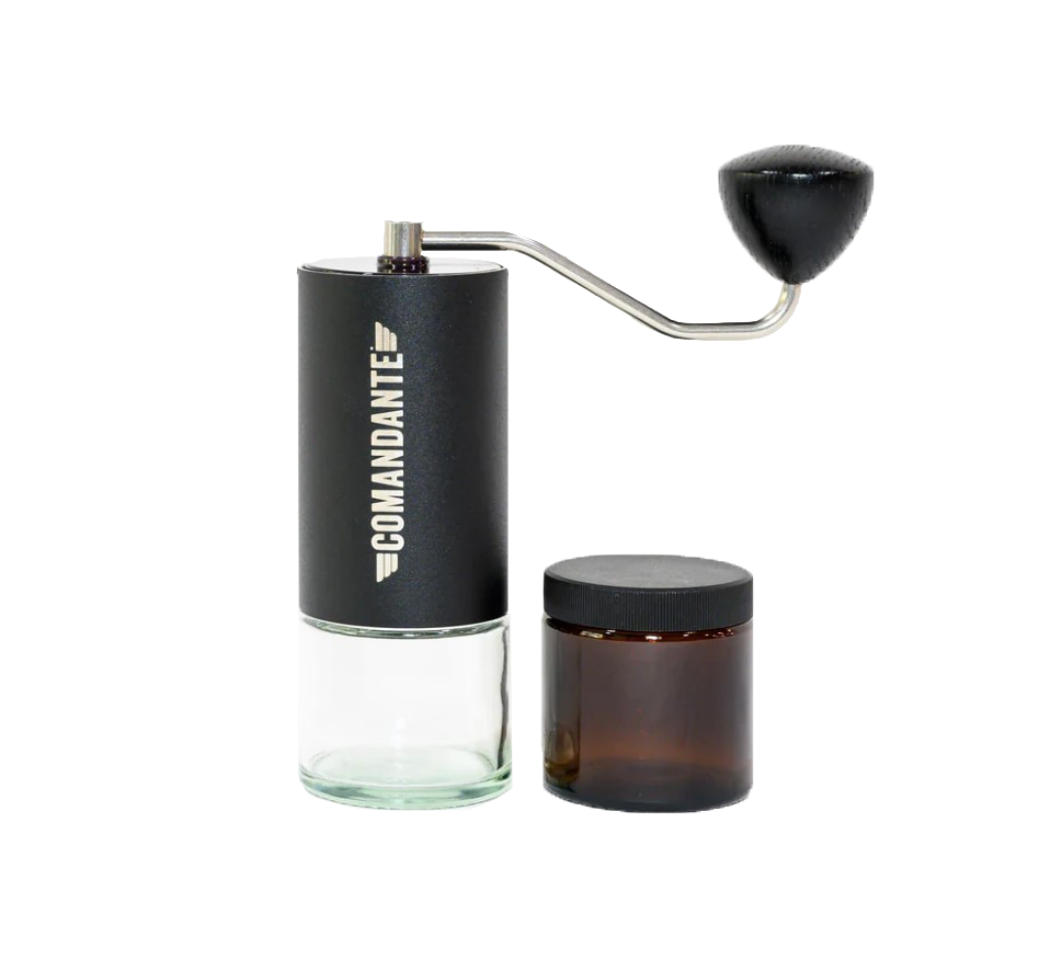 Moinho de café preto, com frasco de vidro transparente.